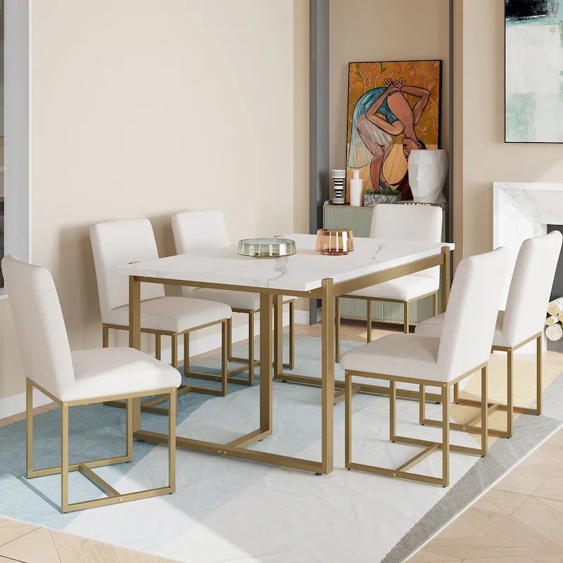 Ensemble de salle à manger rectangulaire moderne - Table en faux marbre et 6 chaises rembourrées