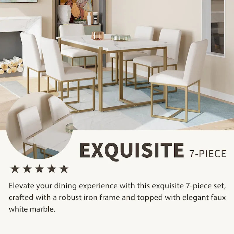 Ensemble de salle à manger rectangulaire moderne - Table en faux marbre et 6 chaises rembourrées