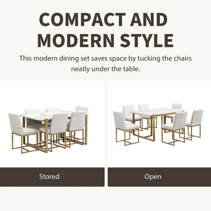 Ensemble de salle à manger rectangulaire moderne - Table en faux marbre et 6 chaises rembourrées