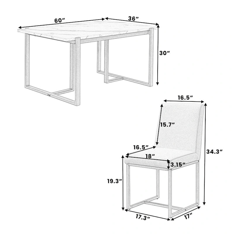 Ensemble de salle à manger rectangulaire moderne - Table en faux marbre et 6 chaises rembourrées