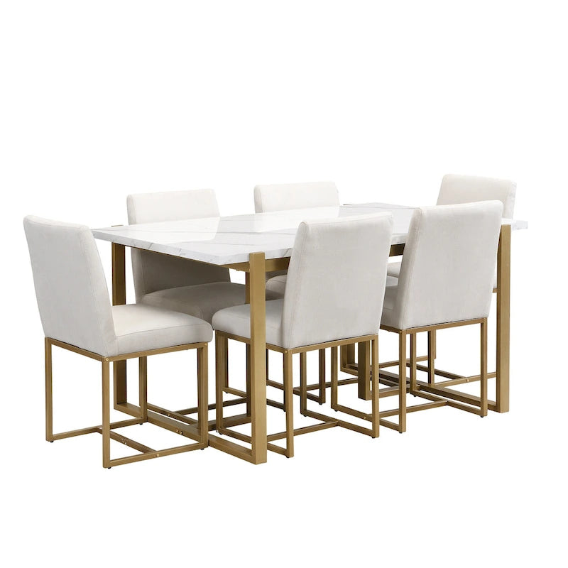 Ensemble de salle à manger rectangulaire moderne - Table en faux marbre et 6 chaises rembourrées