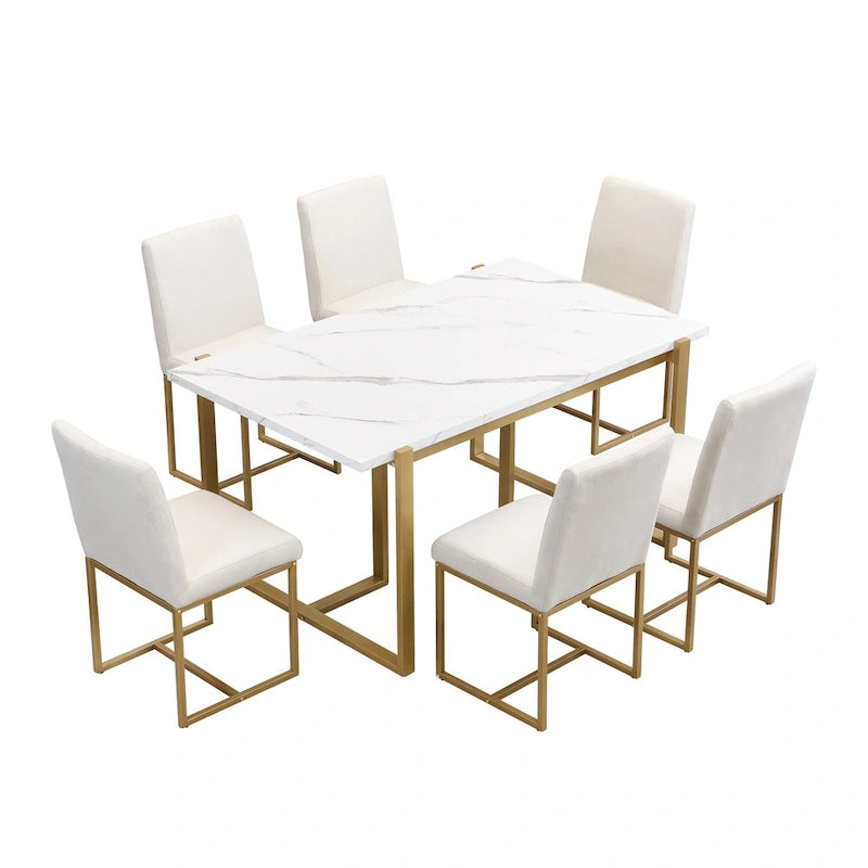 Ensemble de salle à manger rectangulaire moderne - Table en faux marbre et 6 chaises rembourrées