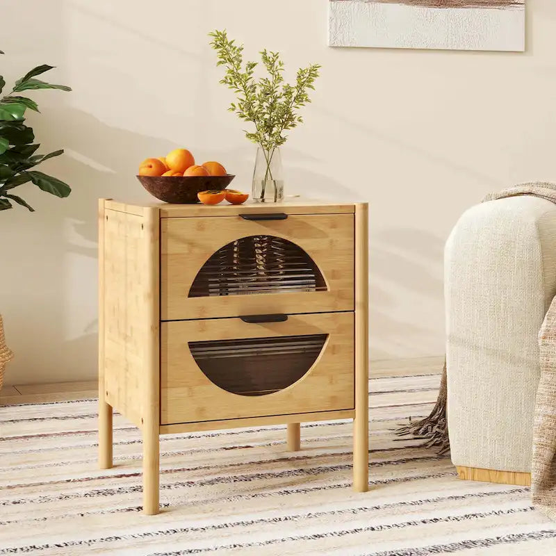 Table de chevet en bambou avec 2 tiroirs de rangement et verre cannelé - 1 ou 2 pièces