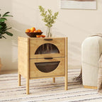 Table de chevet en bambou avec 2 tiroirs de rangement et verre cannelé - 1 ou 2 pièces