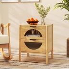 Table de chevet en bambou avec 2 tiroirs de rangement et verre cannelé - 1 ou 2 pièces