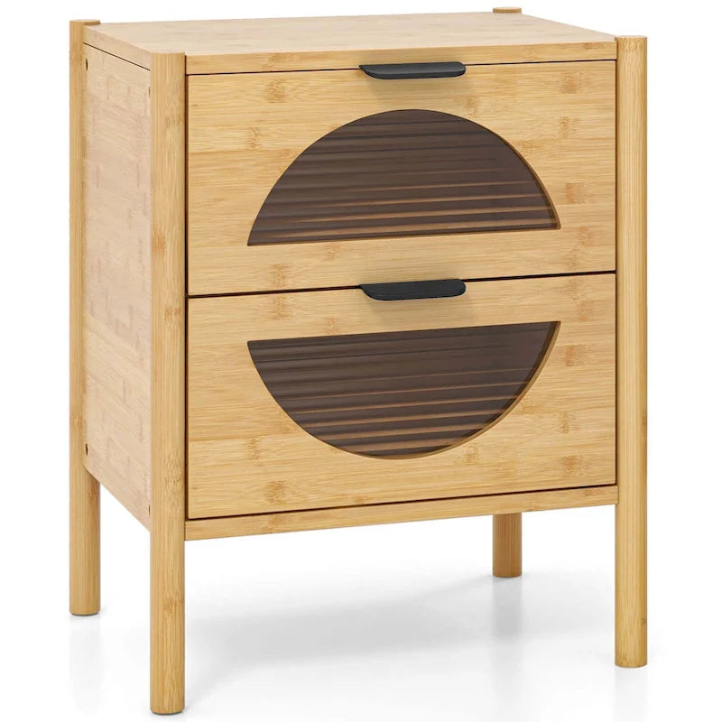 Table de chevet en bambou avec 2 tiroirs de rangement et verre cannelé - 1 ou 2 pièces