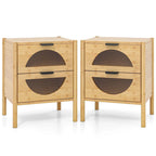 Table de chevet en bambou avec 2 tiroirs de rangement et verre cannelé - 1 ou 2 pièces
