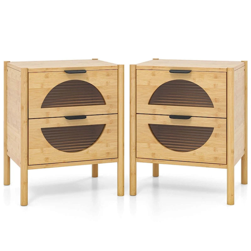 Table de chevet en bambou avec 2 tiroirs de rangement et verre cannelé - 1 ou 2 pièces