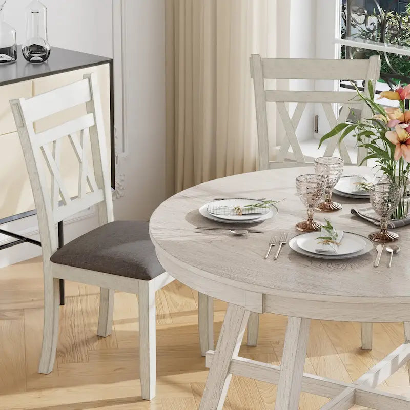 Chaises de salle à manger en bois massif avec assise en tissu de lin - Lot de 2, 4 ou 6