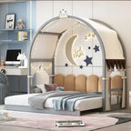 Lit double gris avec toit arqué et lit gigogne - Chambre d'enfant
