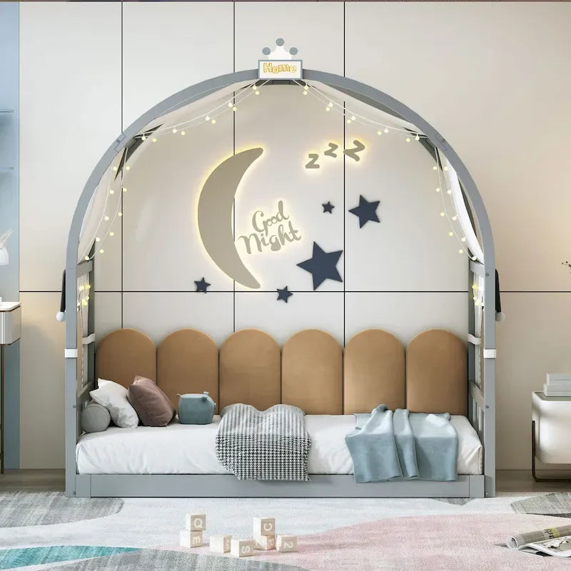 Lit double gris avec toit arqué et lit gigogne - Chambre d'enfant