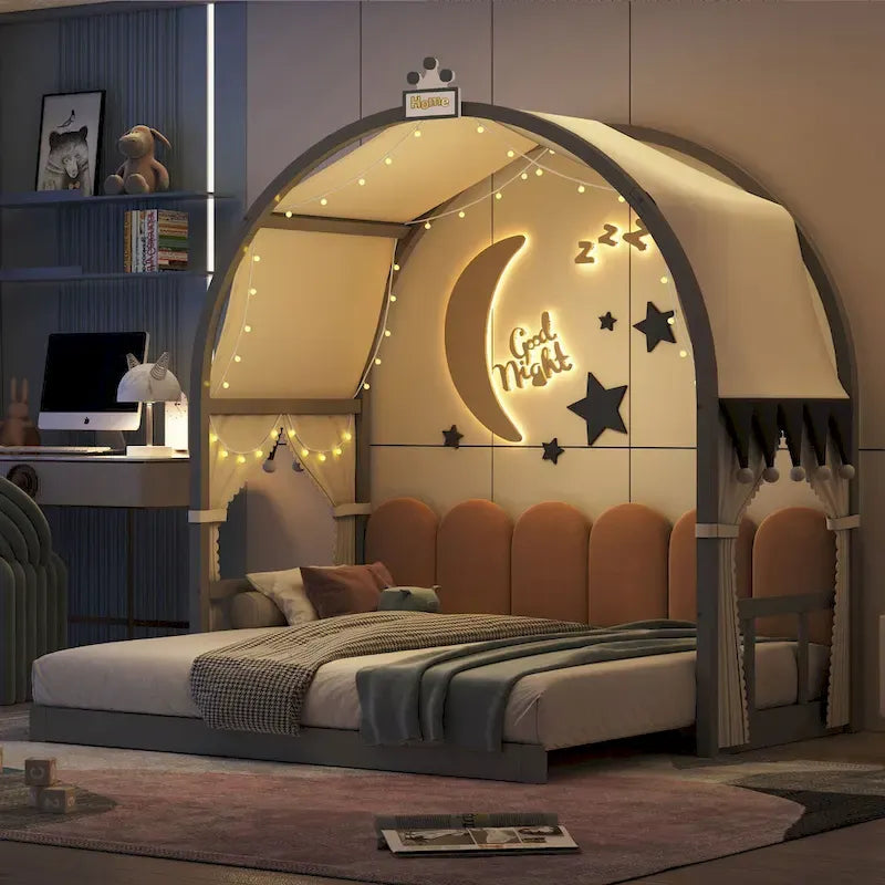 Lit double gris avec toit arqué et lit gigogne - Chambre d'enfant