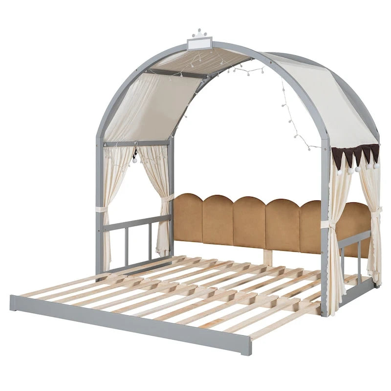 Lit double gris avec toit arqué et lit gigogne - Chambre d'enfant