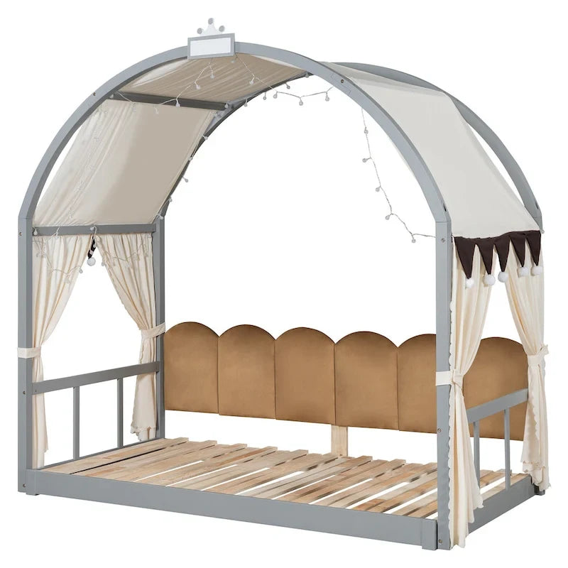 Lit double gris avec toit arqué et lit gigogne - Chambre d'enfant