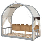 Lit double gris avec toit arqué et lit gigogne - Chambre d'enfant