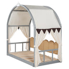 Lit double gris avec toit arqué et lit gigogne - Chambre d'enfant