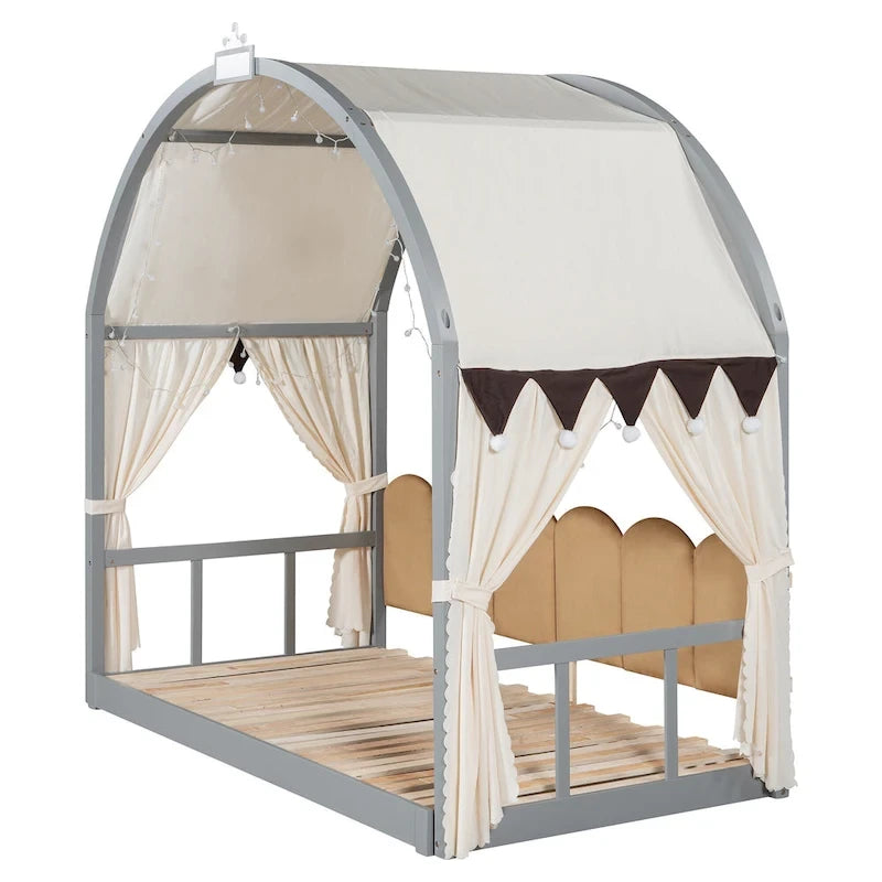 Lit double gris avec toit arqué et lit gigogne - Chambre d'enfant