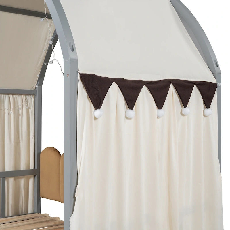 Lit double gris avec toit arqué et lit gigogne - Chambre d'enfant