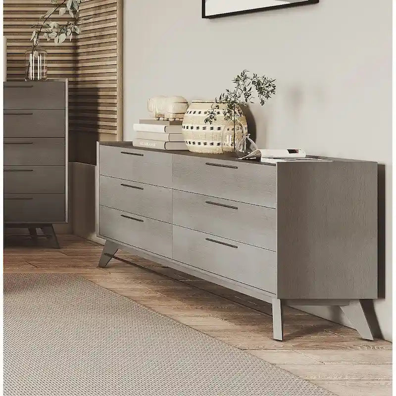 Commode double Waldorf Mid-Century Modern avec pieds en bois inclinés