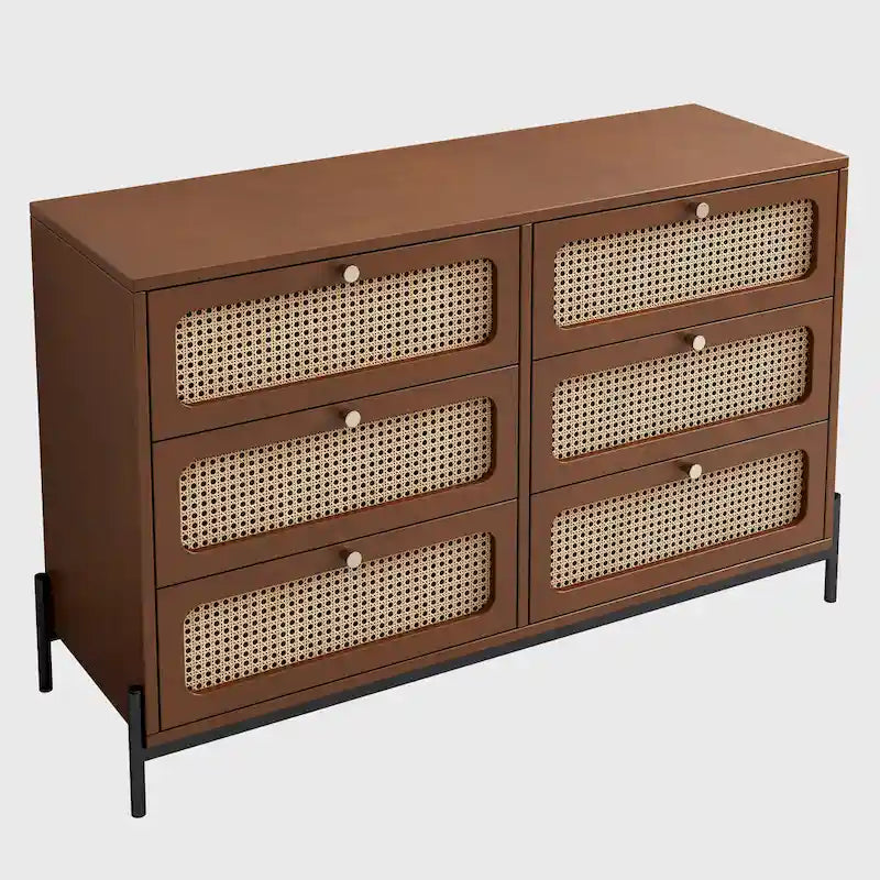 Commode 6 tiroirs en bois de rotin cannage moderne