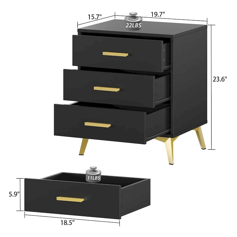 Table de chevet à 3 tiroirs de 60 cm de hauteur en blanc/noir - Moderne du milieu du siècle