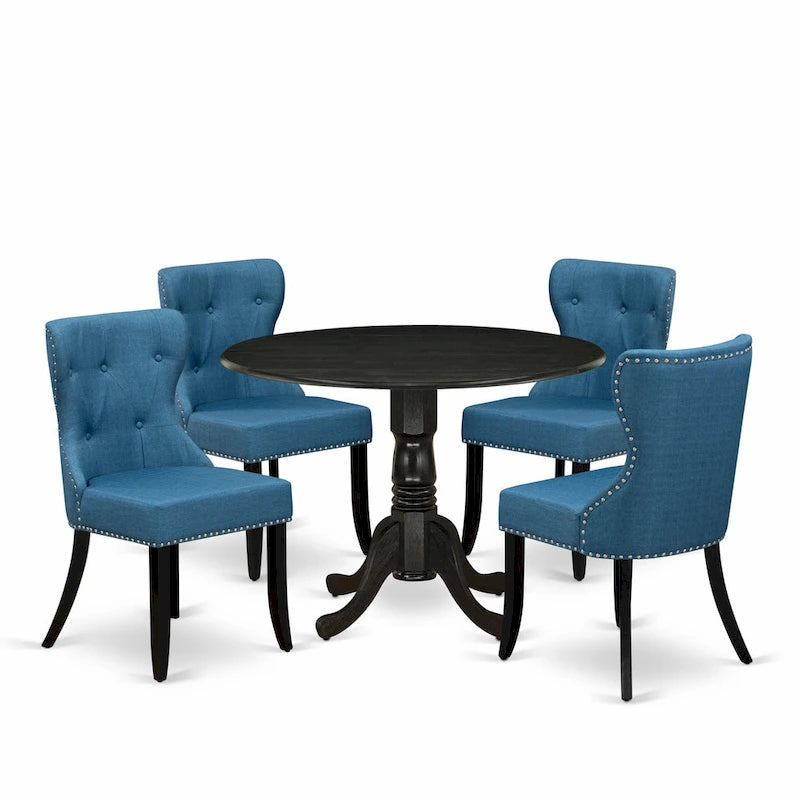 Ensemble table à manger ronde avec chaises en tissu de lin bleu - Noir brossé