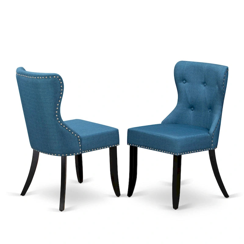 Ensemble table à manger ronde avec chaises en tissu de lin bleu - Noir brossé