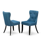 Ensemble table à manger ronde avec chaises en tissu de lin bleu - Noir brossé