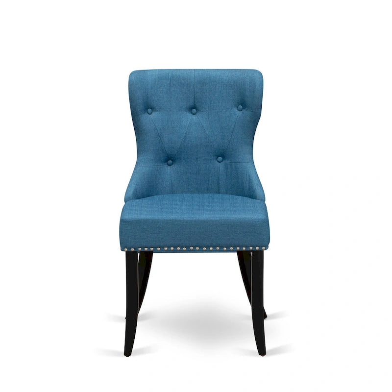 Ensemble table à manger ronde avec chaises en tissu de lin bleu - Noir brossé
