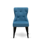 Ensemble table à manger ronde avec chaises en tissu de lin bleu - Noir brossé