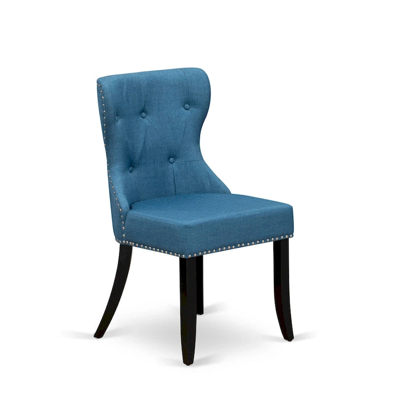 Ensemble table à manger ronde avec chaises en tissu de lin bleu - Noir brossé