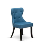 Ensemble table à manger ronde avec chaises en tissu de lin bleu - Noir brossé
