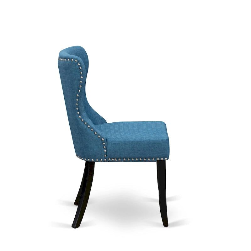Ensemble table à manger ronde avec chaises en tissu de lin bleu - Noir brossé
