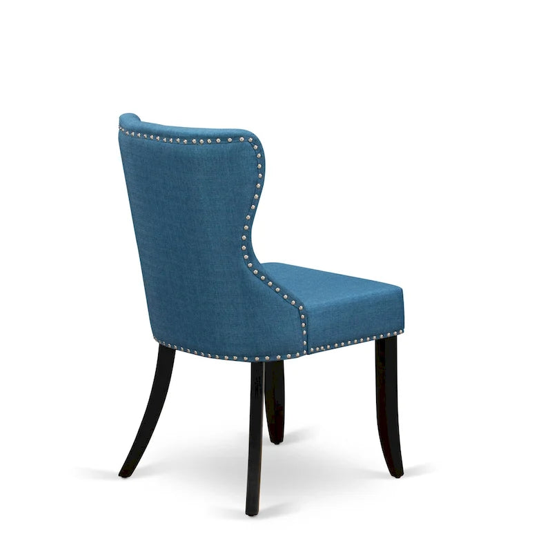 Ensemble table à manger ronde avec chaises en tissu de lin bleu - Noir brossé