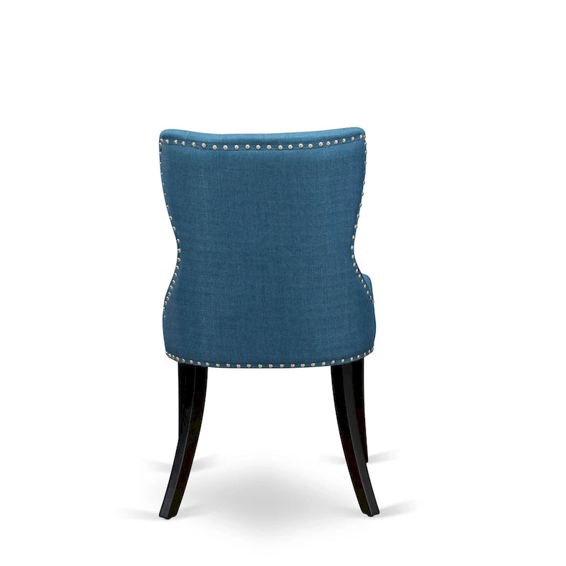 Ensemble table à manger ronde avec chaises en tissu de lin bleu - Noir brossé