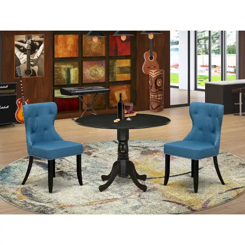 Ensemble table à manger ronde avec chaises en tissu de lin bleu - Noir brossé