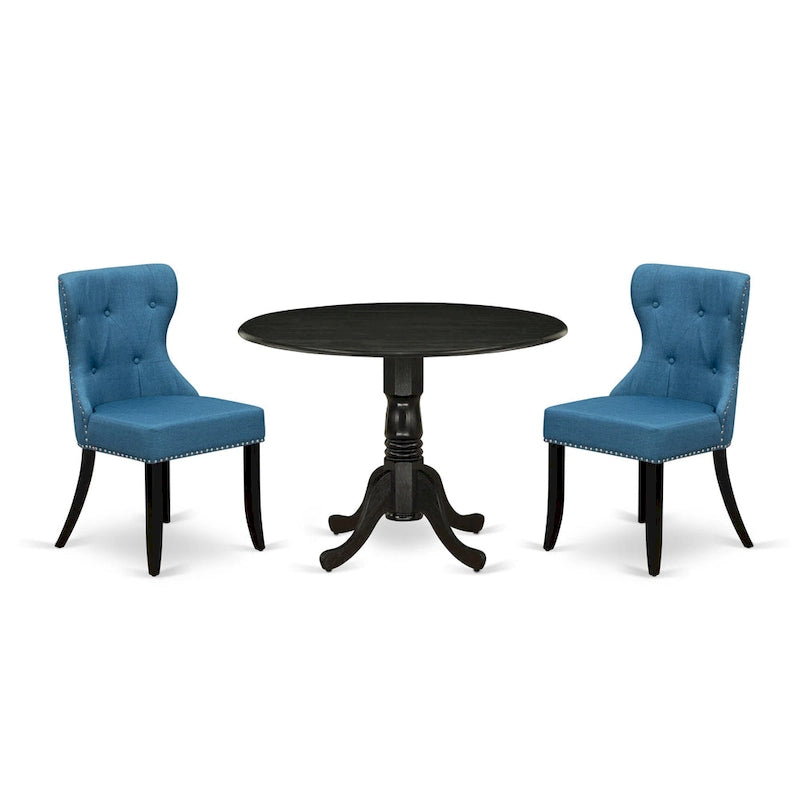 Ensemble table à manger ronde avec chaises en tissu de lin bleu - Noir brossé