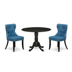 Ensemble table à manger ronde avec chaises en tissu de lin bleu - Noir brossé