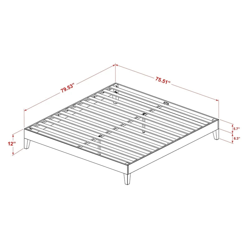 Cadre de lit plateforme King avec 4 pieds en bois massif et 2 pieds centraux supplémentaires