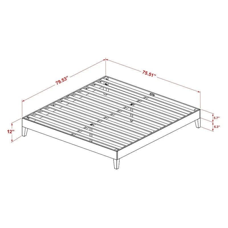 Cadre de lit plateforme King avec 4 pieds en bois massif et 2 pieds centraux supplémentaires