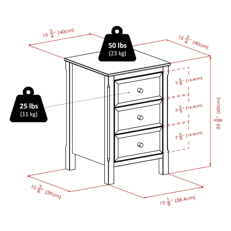 Table de chevet en bois noir avec 3 tiroirs de rangement spacieux - 40 L x 40 l x 60 H cm