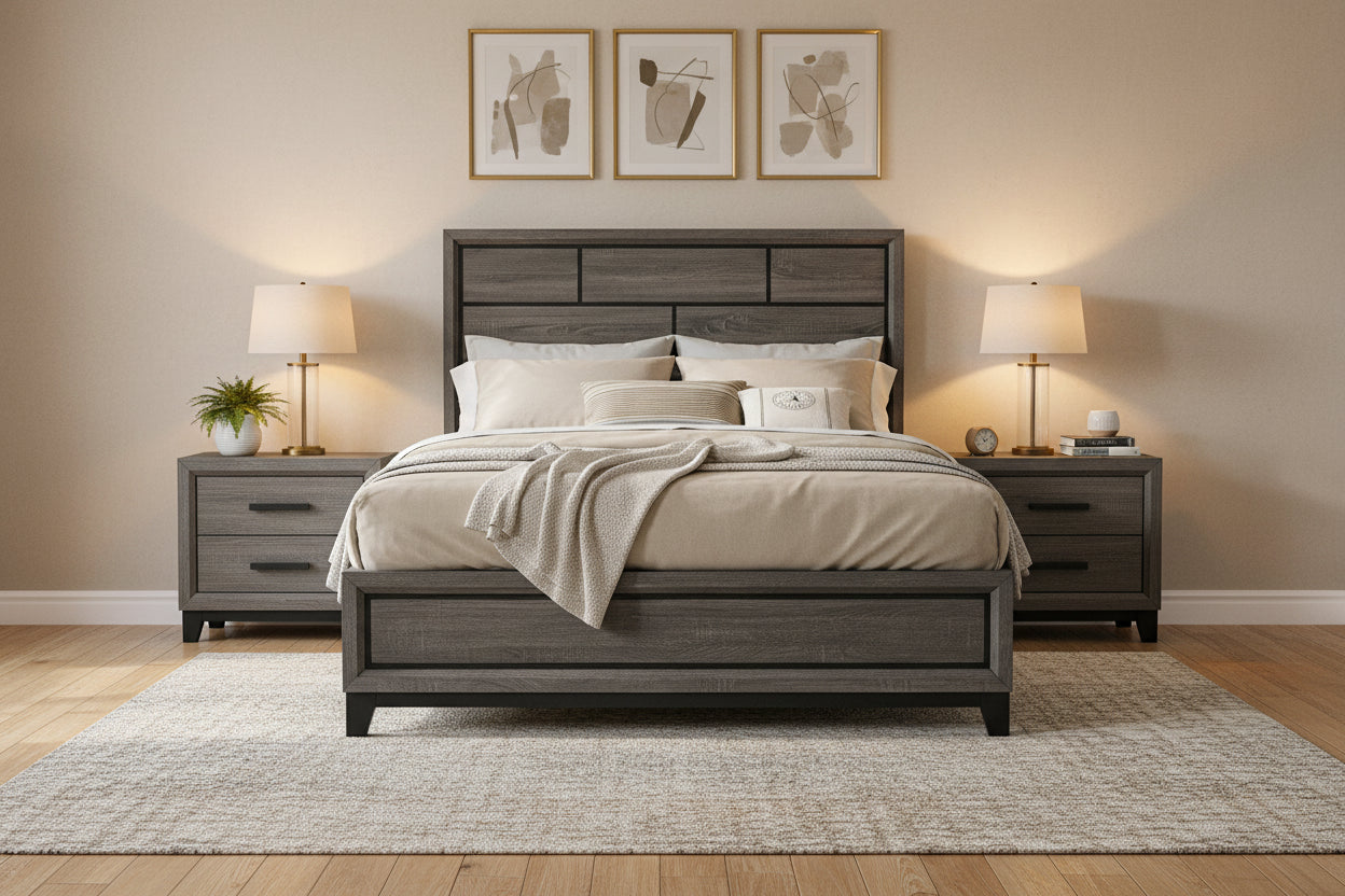 Mazie Queen Bed, Brick Style Headboard, Black Tapered Legs, Oak Gray Wood