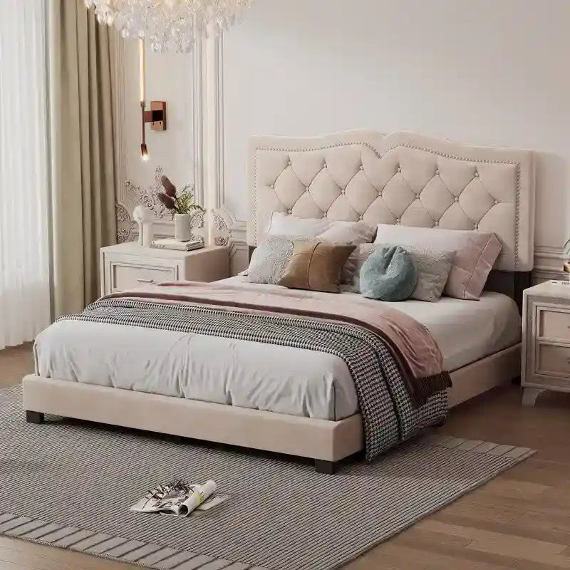 Cadre de lit rembourré Queen Size avec motif riveté, lit plateforme moderne en velours avec tête de lit capitonnée