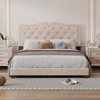 Cadre de lit rembourré Queen Size avec motif riveté, lit plateforme moderne en velours avec tête de lit capitonnée