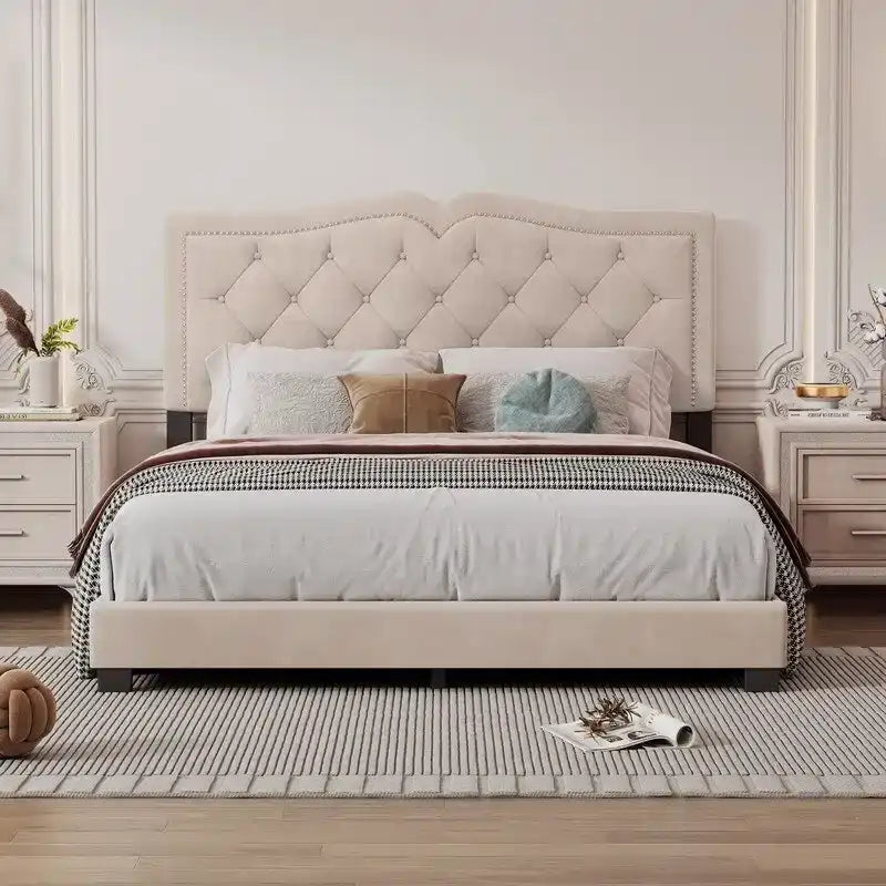 Cadre de lit rembourré Queen Size avec motif riveté, lit plateforme moderne en velours avec tête de lit capitonnée