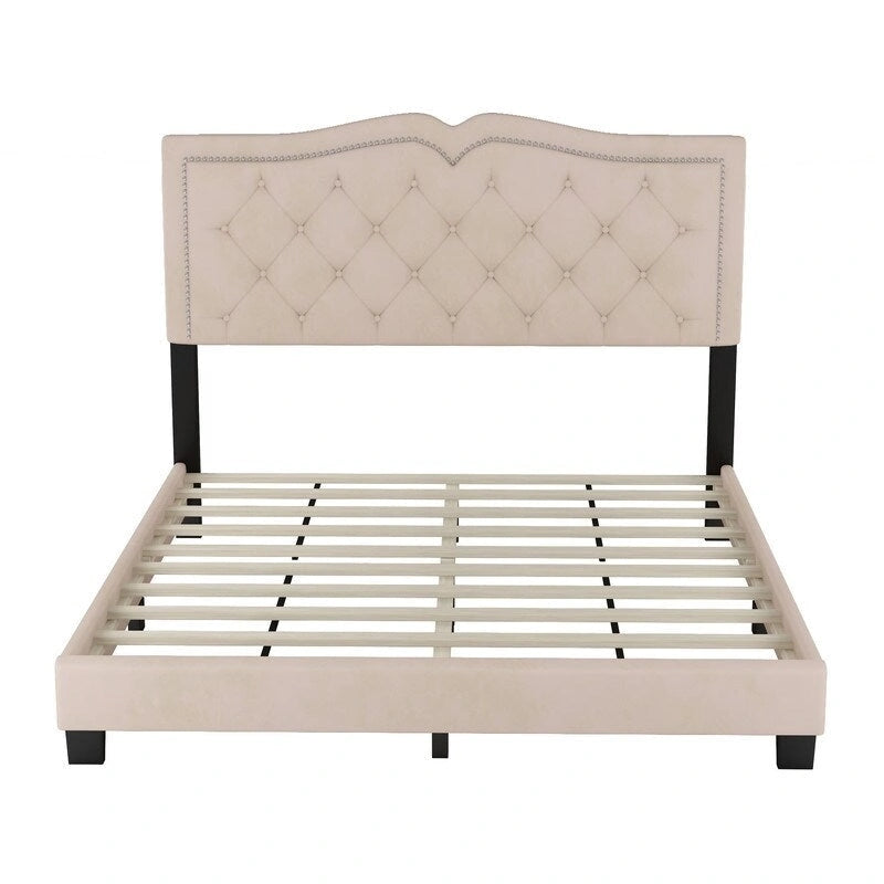 Cadre de lit rembourré Queen Size avec motif riveté, lit plateforme moderne en velours avec tête de lit capitonnée