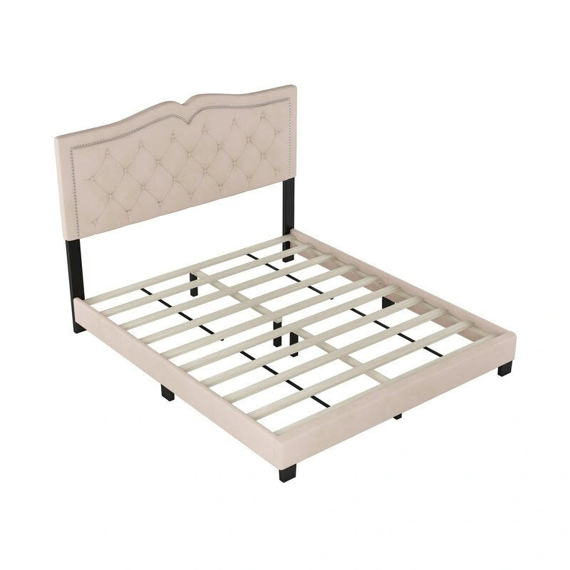 Cadre de lit rembourré Queen Size avec motif riveté, lit plateforme moderne en velours avec tête de lit capitonnée