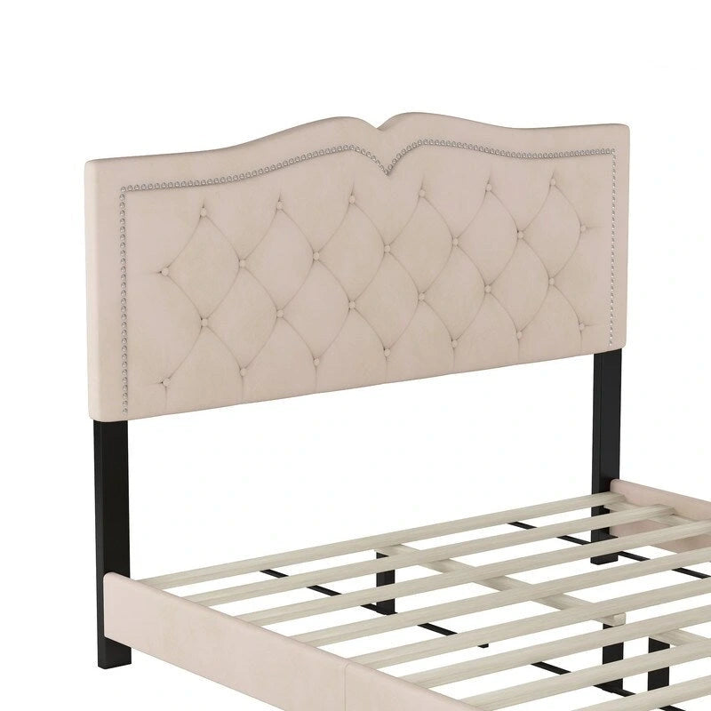 Cadre de lit rembourré Queen Size avec motif riveté, lit plateforme moderne en velours avec tête de lit capitonnée