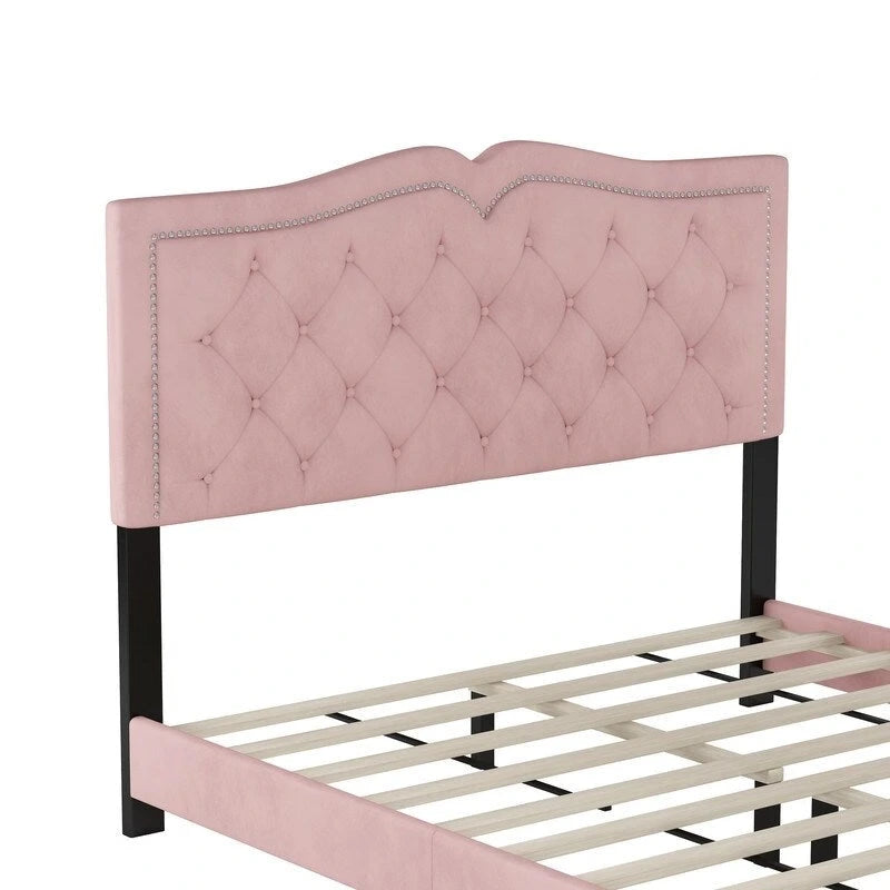 Cadre de lit rembourré Queen Size avec motif riveté, lit plateforme moderne en velours avec tête de lit capitonnée
