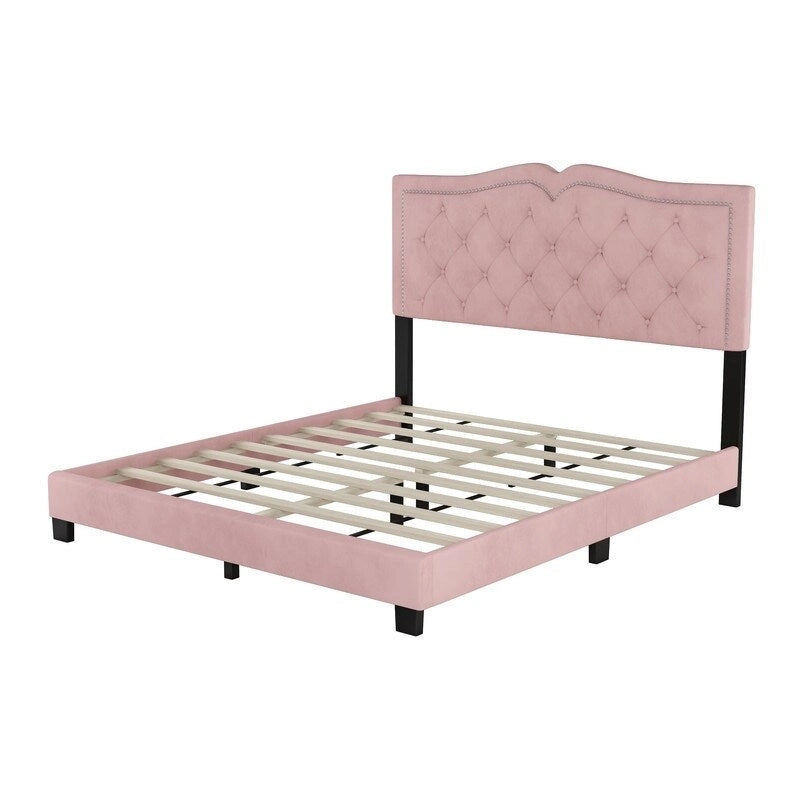 Cadre de lit rembourré Queen Size avec motif riveté, lit plateforme moderne en velours avec tête de lit capitonnée